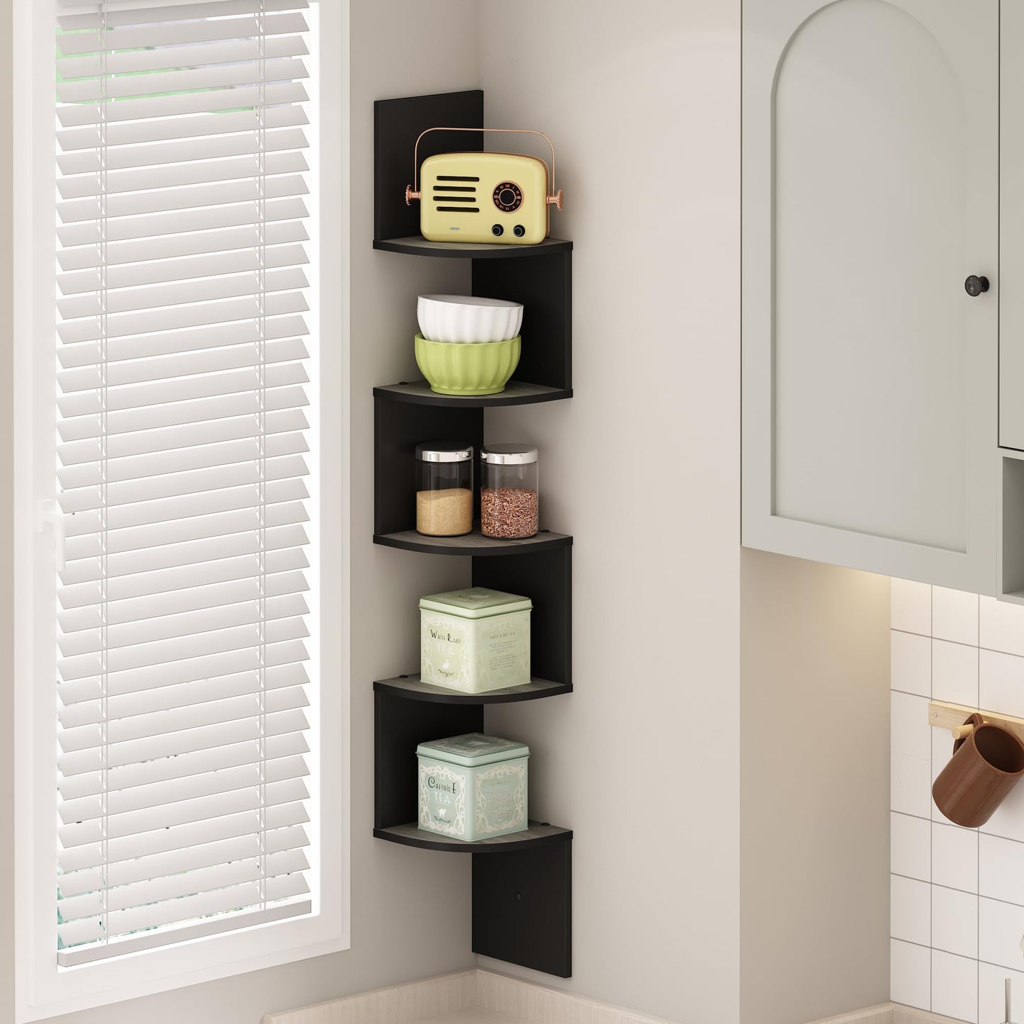 Furinno Rossi 5-Tier Floating Corner Shelf for Wall, Corner Zigzag Shelf Wall Mounted, Radial Wall Mount Shelves, for Home Office, Living Room, Bedroom, Bathroom, White
