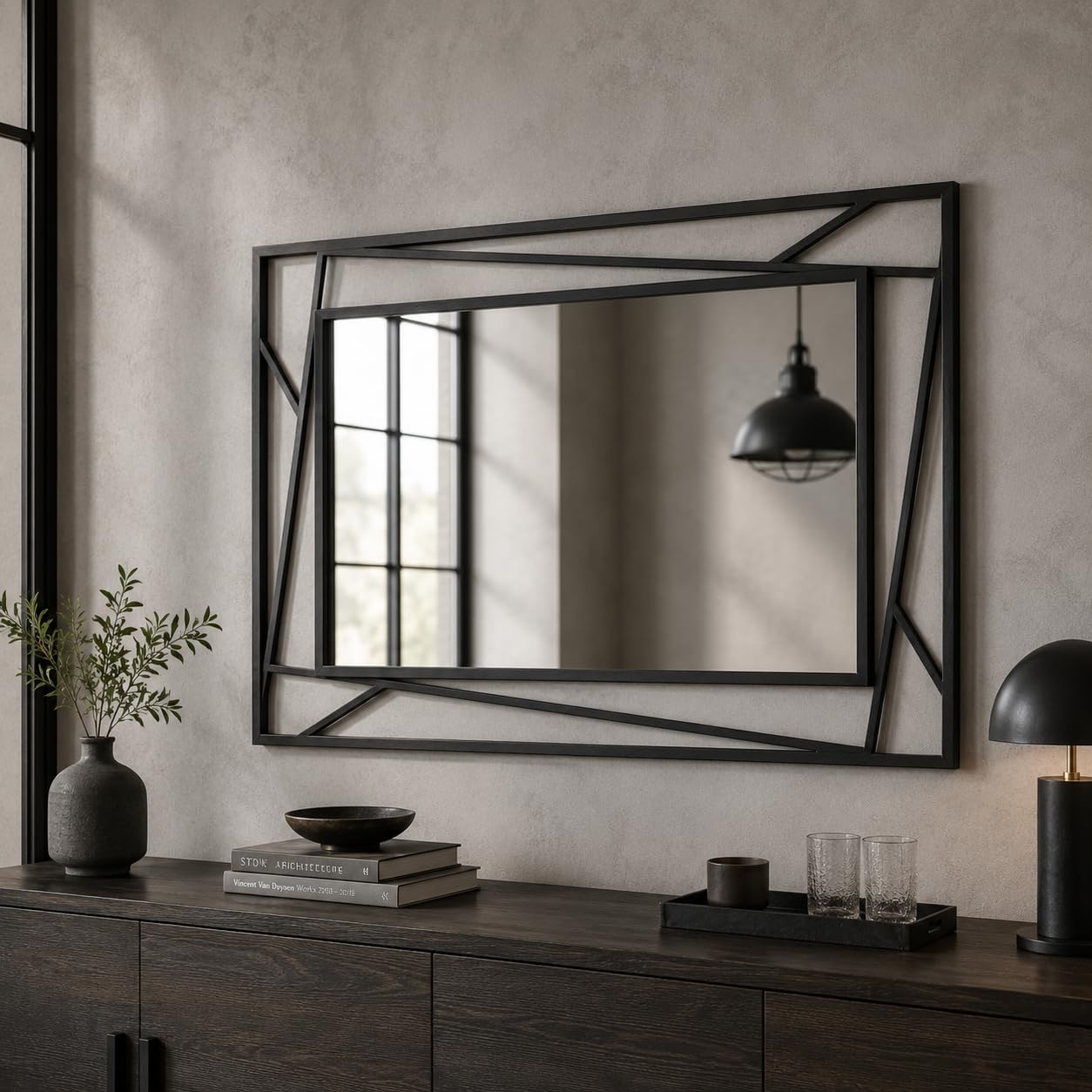 Black Geometric Wall Mirror, 36 x 24 Inch Decorative Metal Framed Bathroom Mirror for Living Room, Entryway and Bedroom, Horizontal or Vertical Mount