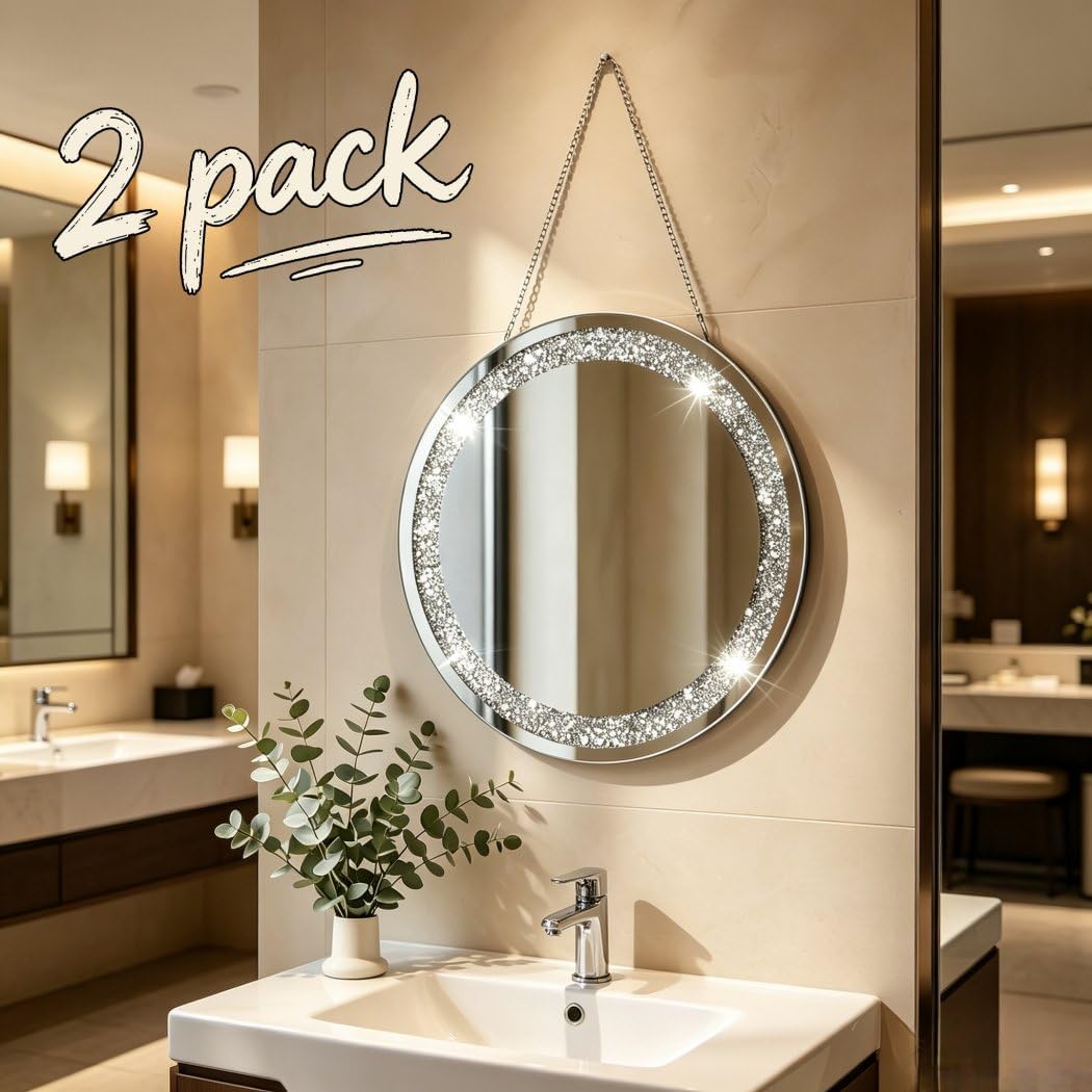 QMDECOR Crystal Crush Diamond Silver Mirror 2 Pack Diameter 12inch Round Shape with Iron Chain Real Glass Mirror for Wall Decor