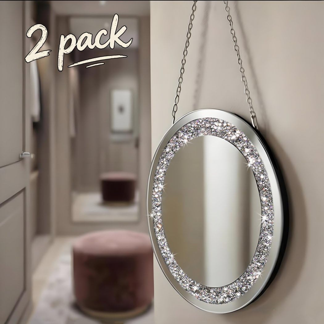 QMDECOR Crystal Crush Diamond Silver Mirror 2 Pack Diameter 12inch Round Shape with Iron Chain Real Glass Mirror for Wall Decor