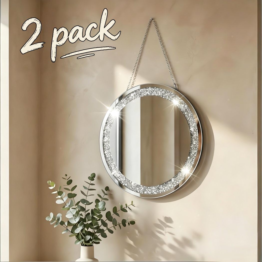 QMDECOR Crystal Crush Diamond Silver Mirror 2 Pack Diameter 12inch Round Shape with Iron Chain Real Glass Mirror for Wall Decor