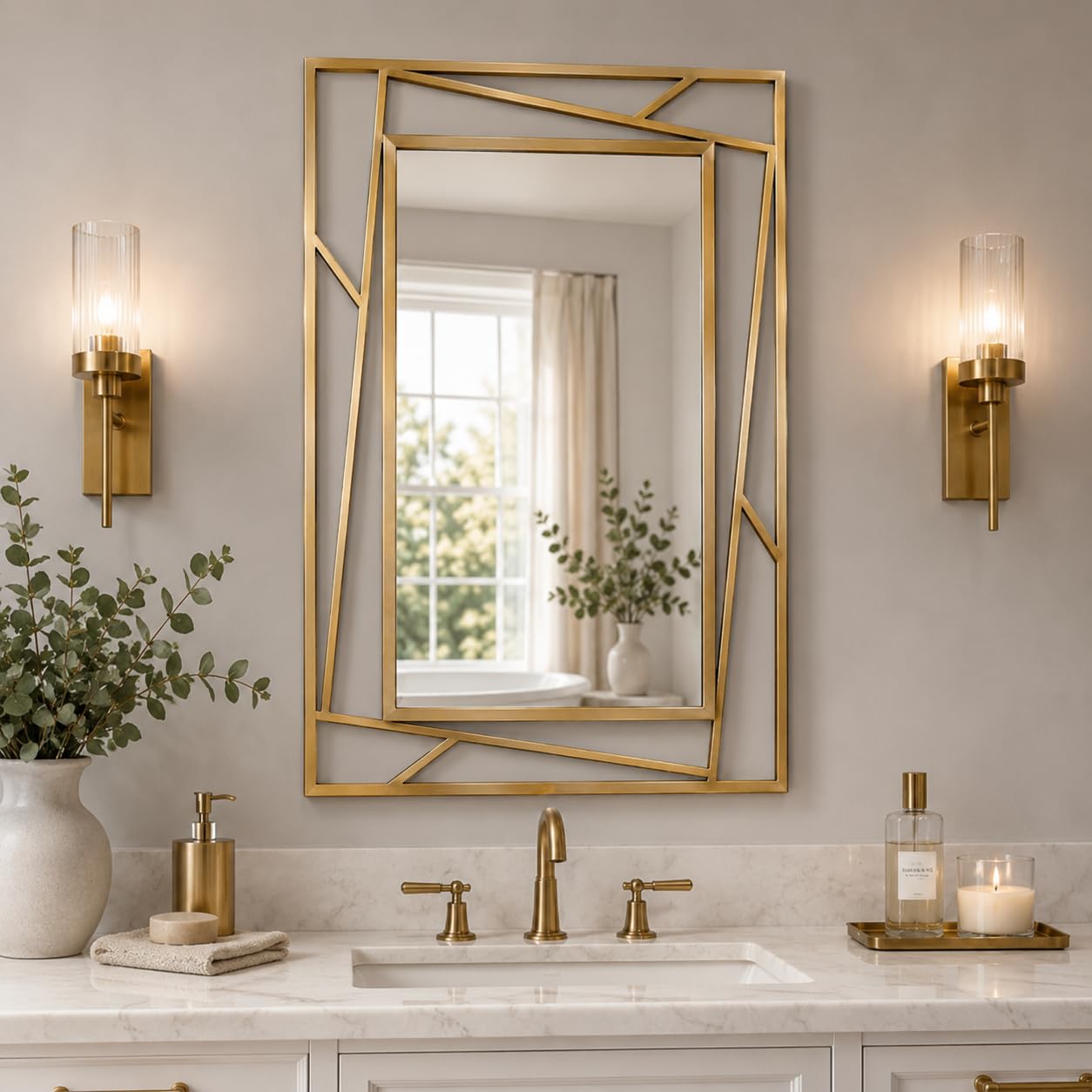 Black Geometric Wall Mirror, 36 x 24 Inch Decorative Metal Framed Bathroom Mirror for Living Room, Entryway and Bedroom, Horizontal or Vertical Mount
