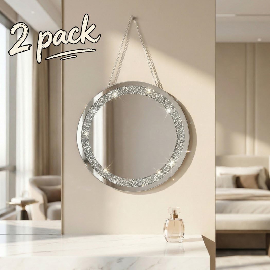 QMDECOR Crystal Crush Diamond Silver Mirror 2 Pack Diameter 12inch Round Shape with Iron Chain Real Glass Mirror for Wall Decor
