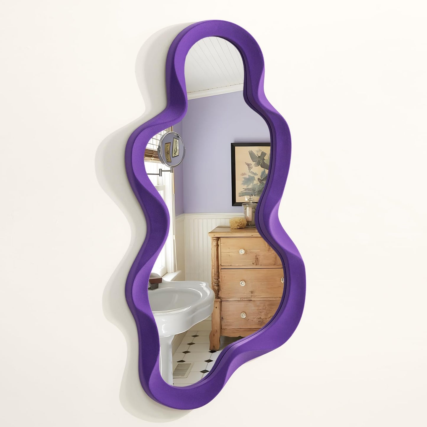 Irregular Wall Mirror Living Room Decor, Decorative Wavy Funky Mirrors with Flocking Touch, Modern Asymmetrical Mirror for Hallway Entryway Staircase Bathroom Bedroom (Dark Blue)