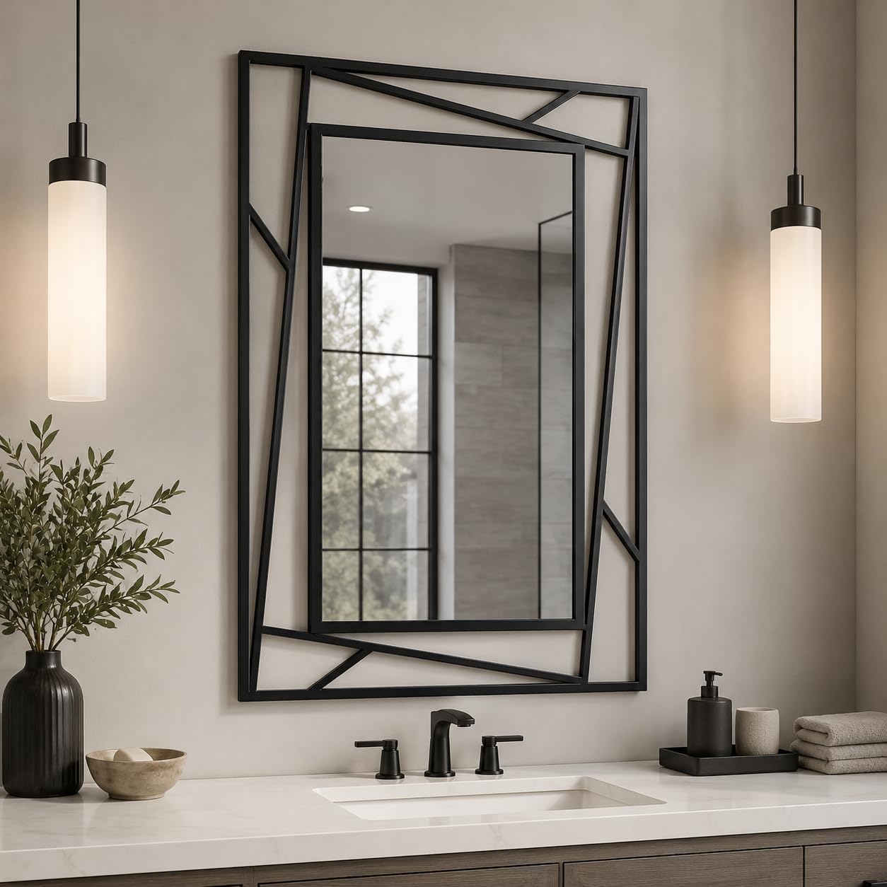 Black Geometric Wall Mirror, 36 x 24 Inch Decorative Metal Framed Bathroom Mirror for Living Room, Entryway and Bedroom, Horizontal or Vertical Mount