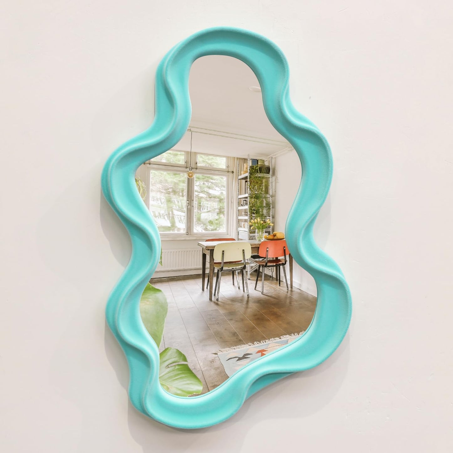 Irregular Wall Mirror Living Room Decor, Decorative Wavy Funky Mirrors with Flocking Touch, Modern Asymmetrical Mirror for Hallway Entryway Staircase Bathroom Bedroom (Dark Blue)