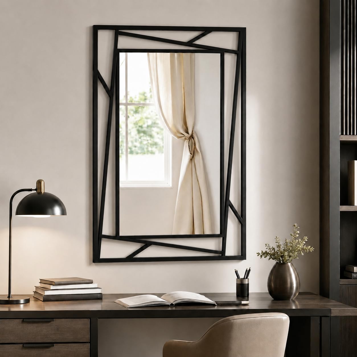 Black Geometric Wall Mirror, 36 x 24 Inch Decorative Metal Framed Bathroom Mirror for Living Room, Entryway and Bedroom, Horizontal or Vertical Mount