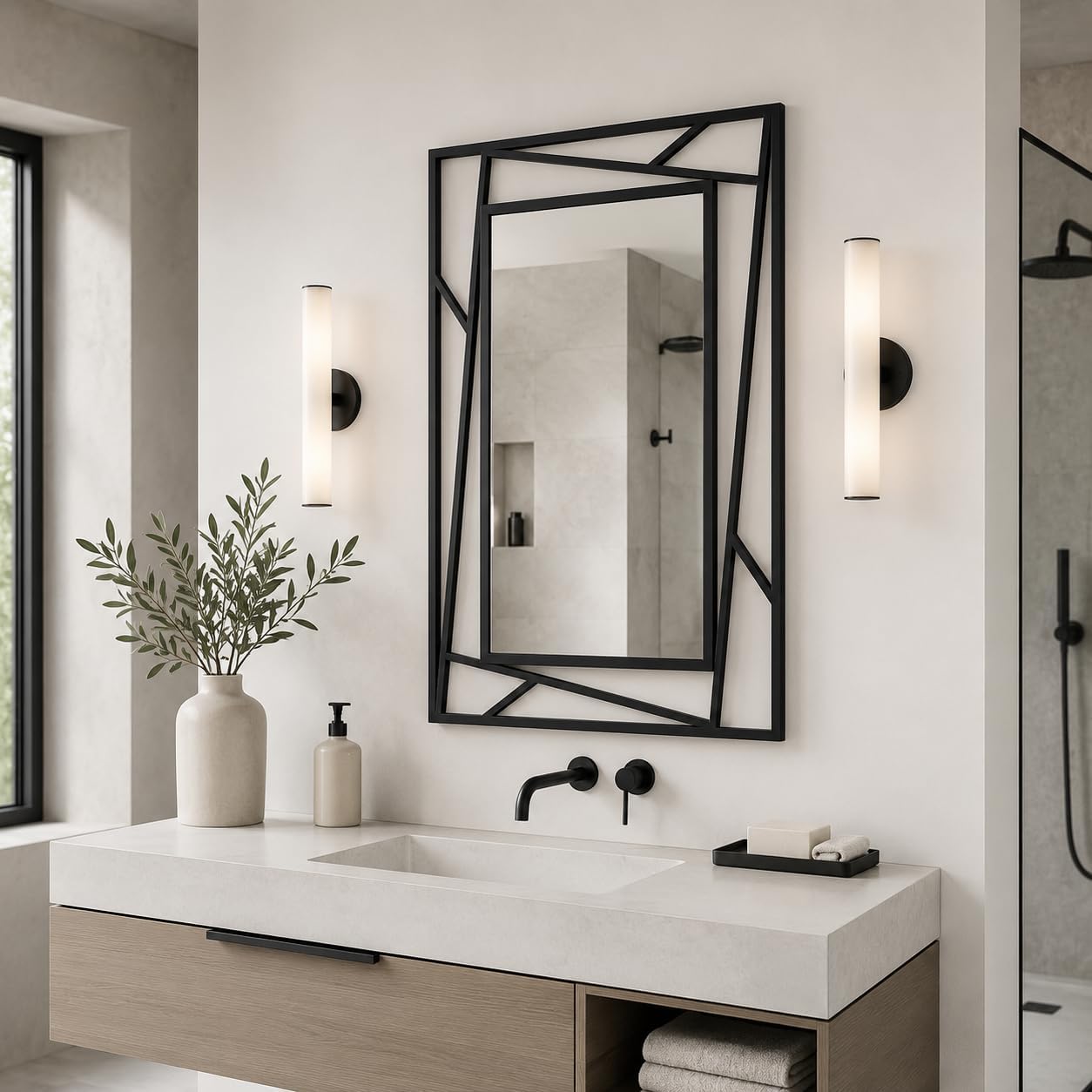Black Geometric Wall Mirror, 36 x 24 Inch Decorative Metal Framed Bathroom Mirror for Living Room, Entryway and Bedroom, Horizontal or Vertical Mount
