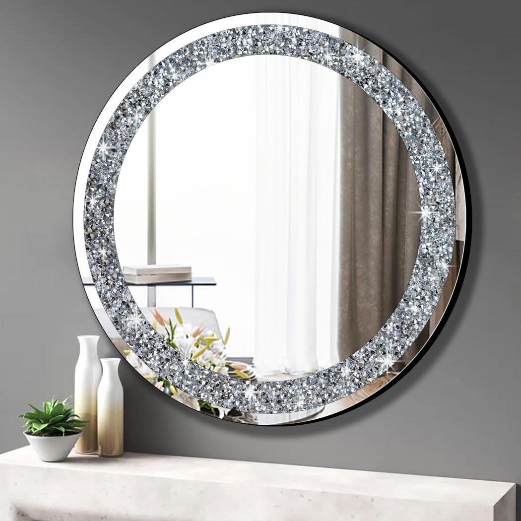 QMDECOR Crystal Crush Diamond Silver Mirror 2 Pack Diameter 12inch Round Shape with Iron Chain Real Glass Mirror for Wall Decor