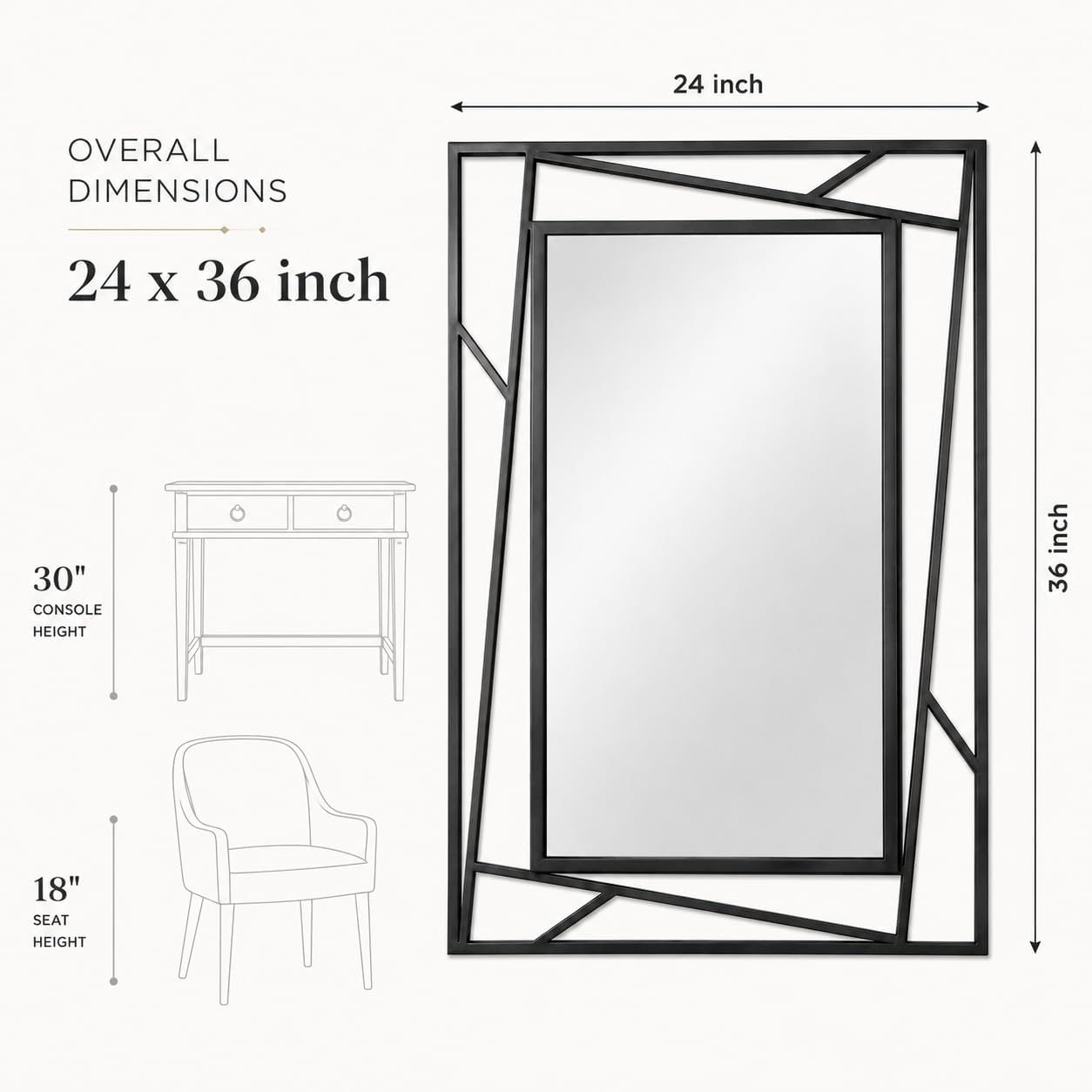 Black Geometric Wall Mirror, 36 x 24 Inch Decorative Metal Framed Bathroom Mirror for Living Room, Entryway and Bedroom, Horizontal or Vertical Mount