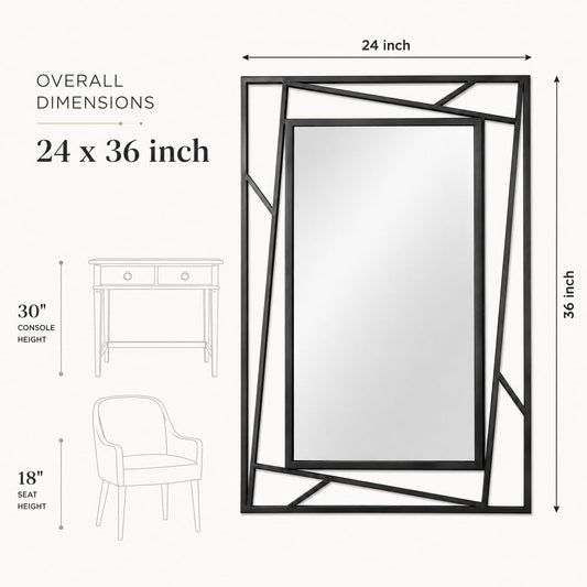Black Geometric Wall Mirror, 36 x 24 Inch Decorative Metal Framed Bathroom Mirror for Living Room, Entryway and Bedroom, Horizontal or Vertical Mount