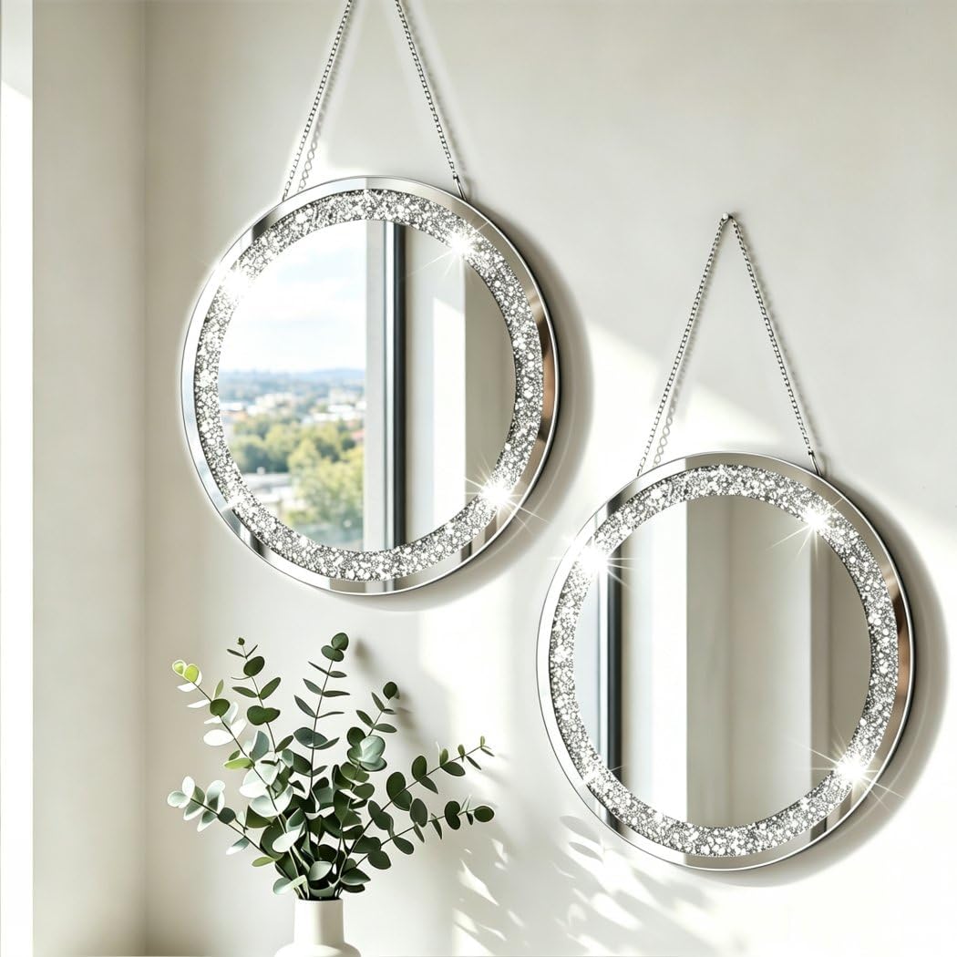 QMDECOR Crystal Crush Diamond Silver Mirror 2 Pack Diameter 12inch Round Shape with Iron Chain Real Glass Mirror for Wall Decor