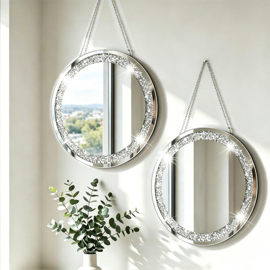 QMDECOR Crystal Crush Diamond Silver Mirror 2 Pack Diameter 12inch Round Shape with Iron Chain Real Glass Mirror for Wall Decor