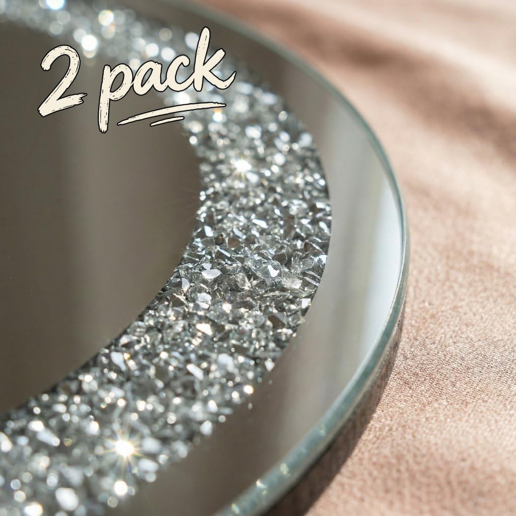 QMDECOR Crystal Crush Diamond Silver Mirror 2 Pack Diameter 12inch Round Shape with Iron Chain Real Glass Mirror for Wall Decor