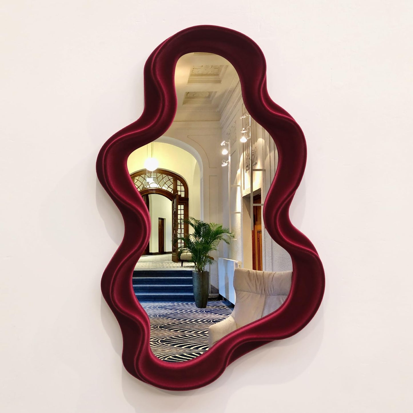 Irregular Wall Mirror Living Room Decor, Decorative Wavy Funky Mirrors with Flocking Touch, Modern Asymmetrical Mirror for Hallway Entryway Staircase Bathroom Bedroom (Dark Blue)