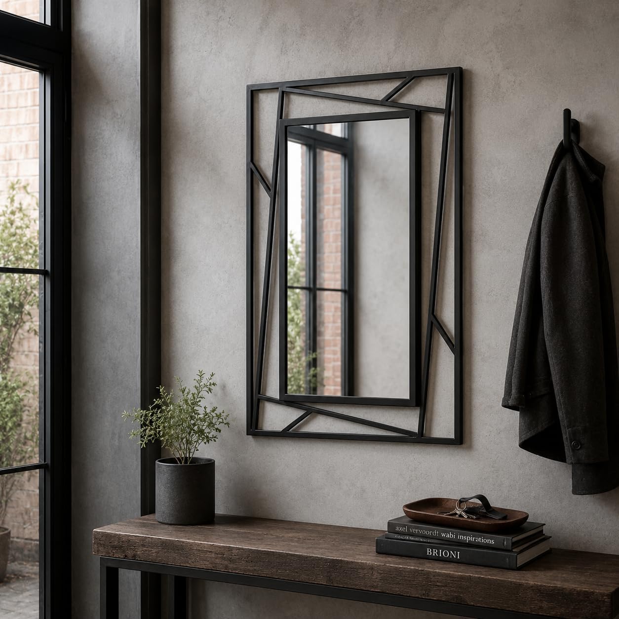 Black Geometric Wall Mirror, 36 x 24 Inch Decorative Metal Framed Bathroom Mirror for Living Room, Entryway and Bedroom, Horizontal or Vertical Mount