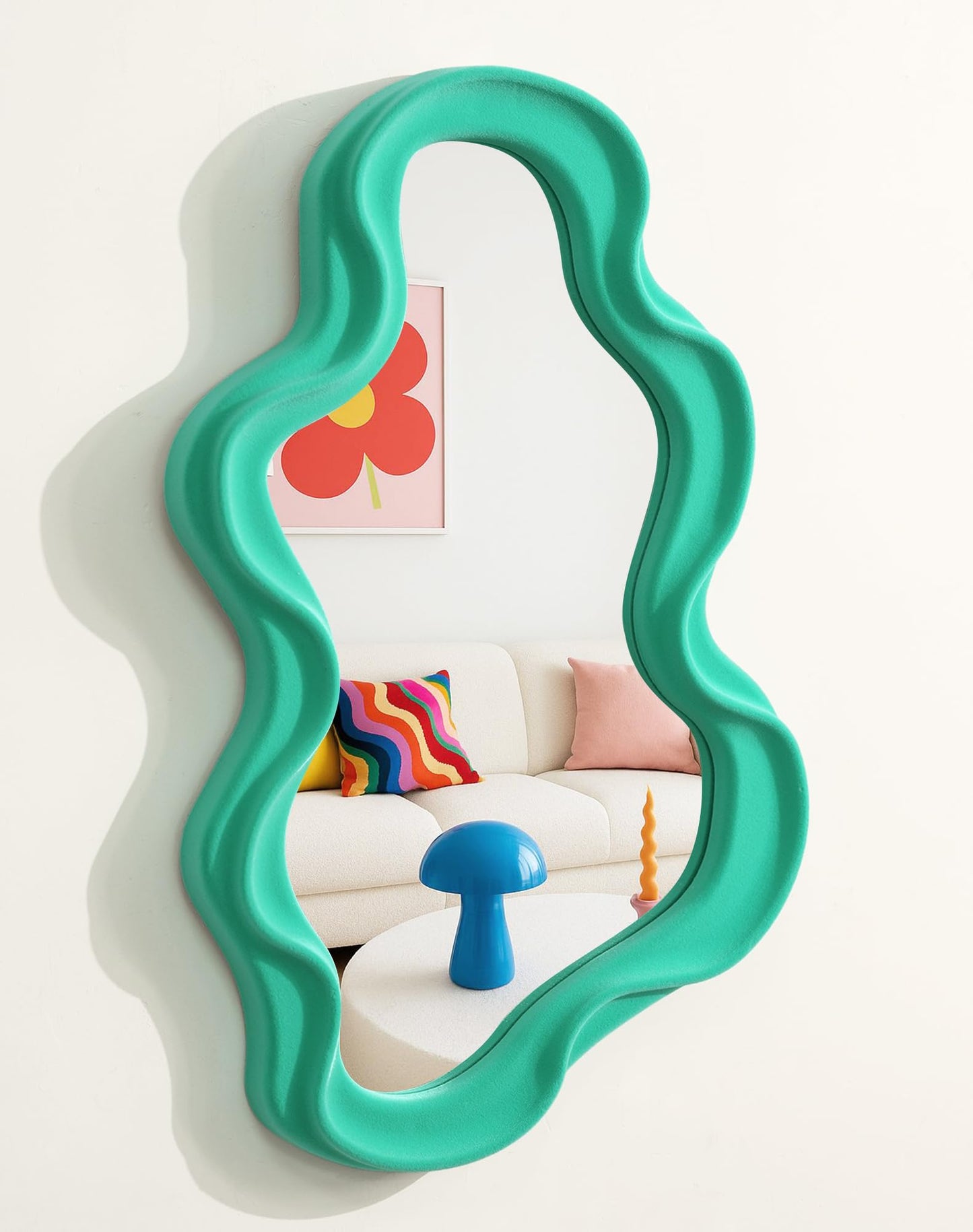 Irregular Wall Mirror Living Room Decor, Decorative Wavy Funky Mirrors with Flocking Touch, Modern Asymmetrical Mirror for Hallway Entryway Staircase Bathroom Bedroom (Dark Blue)