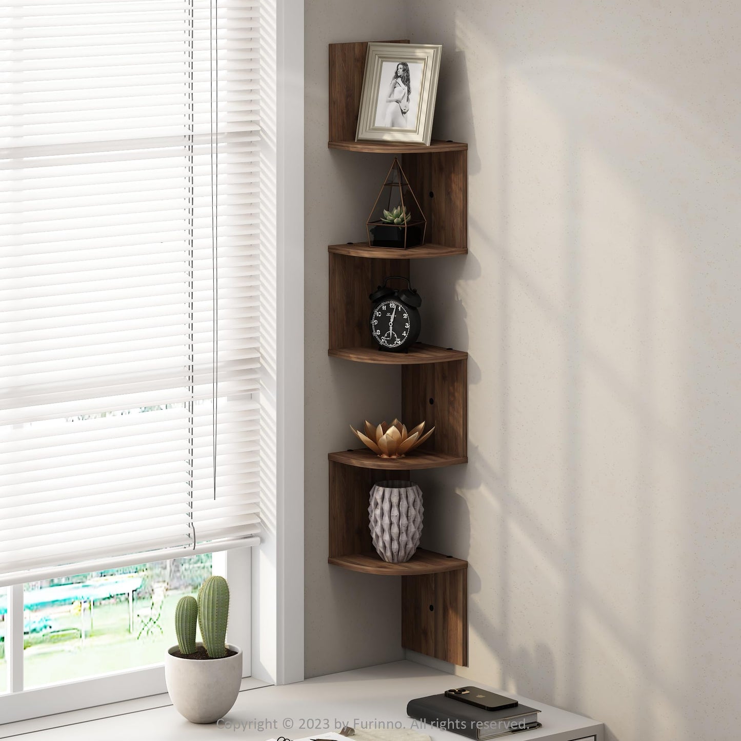 Furinno Rossi 5-Tier Floating Corner Shelf for Wall, Corner Zigzag Shelf Wall Mounted, Radial Wall Mount Shelves, for Home Office, Living Room, Bedroom, Bathroom, White