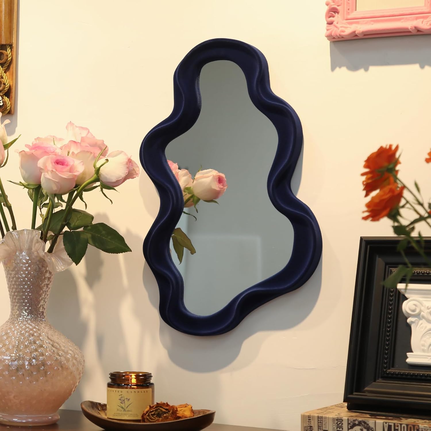 Irregular Wall Mirror Living Room Decor, Decorative Wavy Funky Mirrors with Flocking Touch, Modern Asymmetrical Mirror for Hallway Entryway Staircase Bathroom Bedroom (Dark Blue)