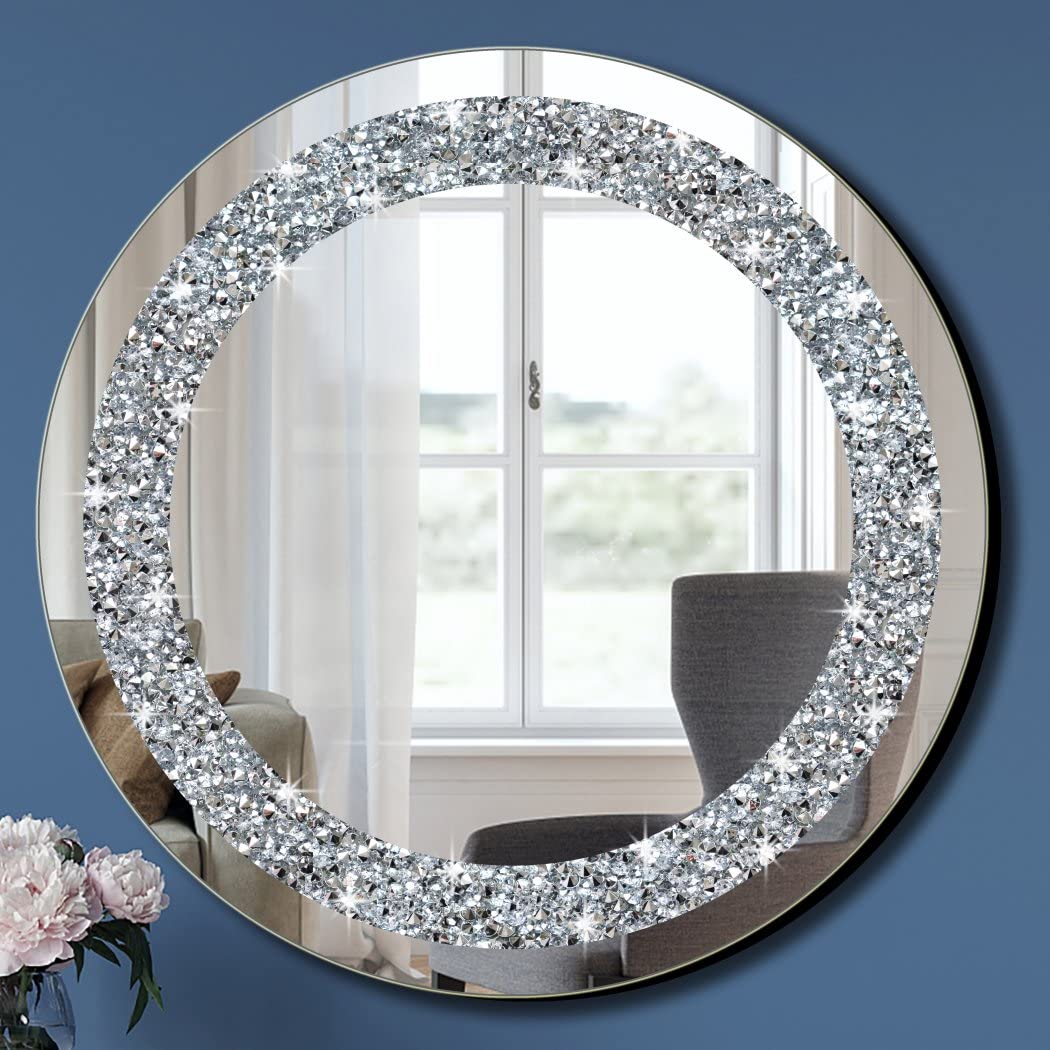 QMDECOR Crystal Crush Diamond Silver Mirror 2 Pack Diameter 12inch Round Shape with Iron Chain Real Glass Mirror for Wall Decor