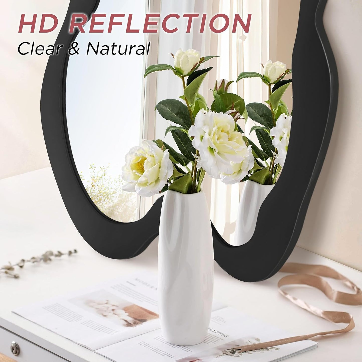 Irregular Wall Mirror - 20" x 28" Asymmetrical Wavy Mirror, Modern Decorative Wall Mirror with Black Wood Frame for Bedroom, Living Room, Entryway, Bathroom, Cloakroom