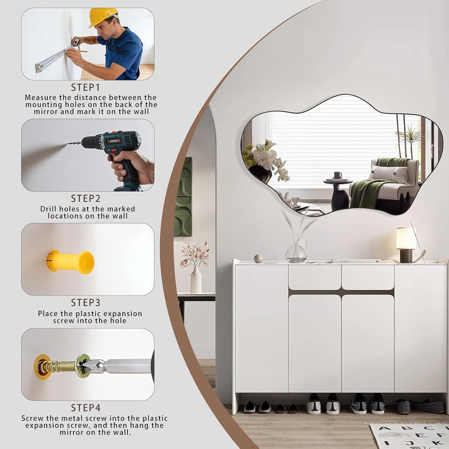 Irregular Wall Mirror, 24"x36" Wavy Cloud Bathroom Vanity Mirrors | Unique Asymmetrical Abstract Mirror with Tempered Glass for Bedroom, Living Room, Entryway, Hallway, Cloakroom