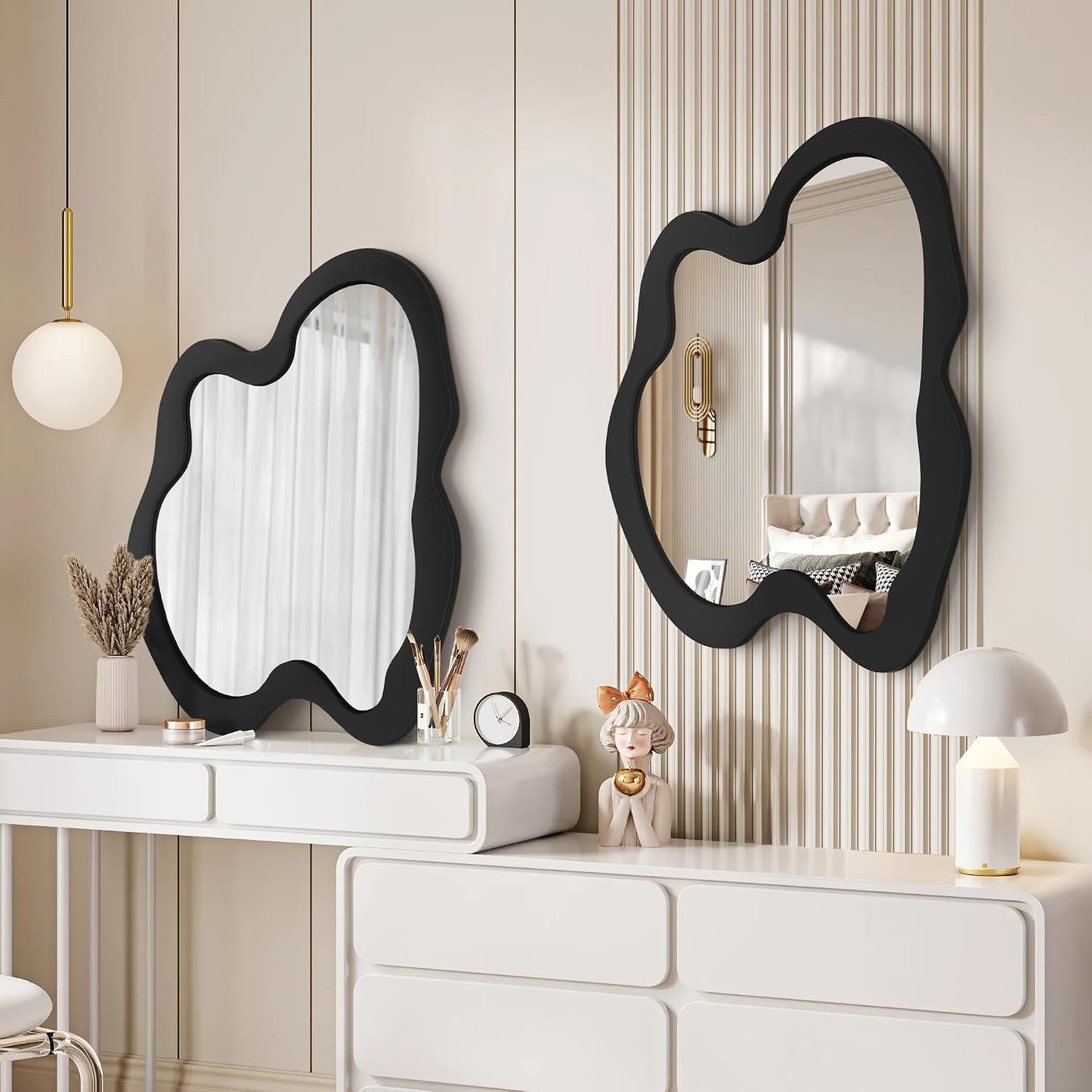 Irregular Wall Mirror - 20" x 28" Asymmetrical Wavy Mirror, Modern Decorative Wall Mirror with Black Wood Frame for Bedroom, Living Room, Entryway, Bathroom, Cloakroom