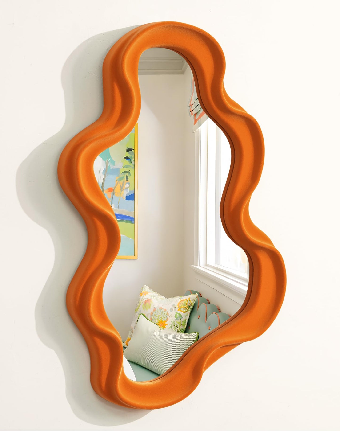 Irregular Wall Mirror Living Room Decor, Decorative Wavy Funky Mirrors with Flocking Touch, Modern Asymmetrical Mirror for Hallway Entryway Staircase Bathroom Bedroom (Dark Blue)