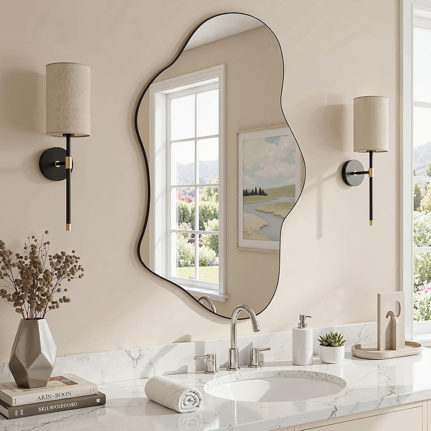 Irregular Wall Mirror, 24"x36" Wavy Cloud Bathroom Vanity Mirrors | Unique Asymmetrical Abstract Mirror with Tempered Glass for Bedroom, Living Room, Entryway, Hallway, Cloakroom