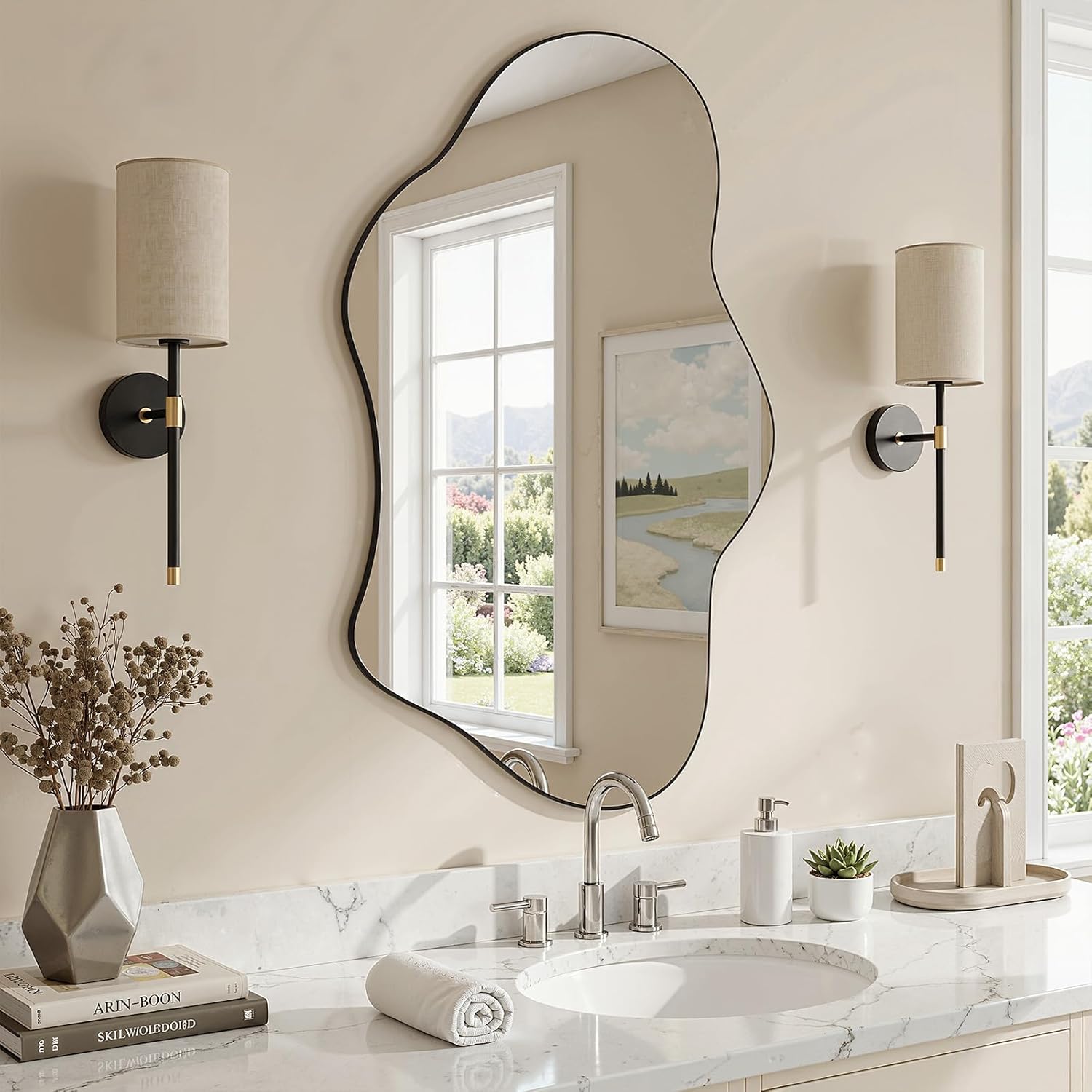 Irregular Wall Mirror, 24"x36" Wavy Cloud Bathroom Vanity Mirrors | Unique Asymmetrical Abstract Mirror with Tempered Glass for Bedroom, Living Room, Entryway, Hallway, Cloakroom