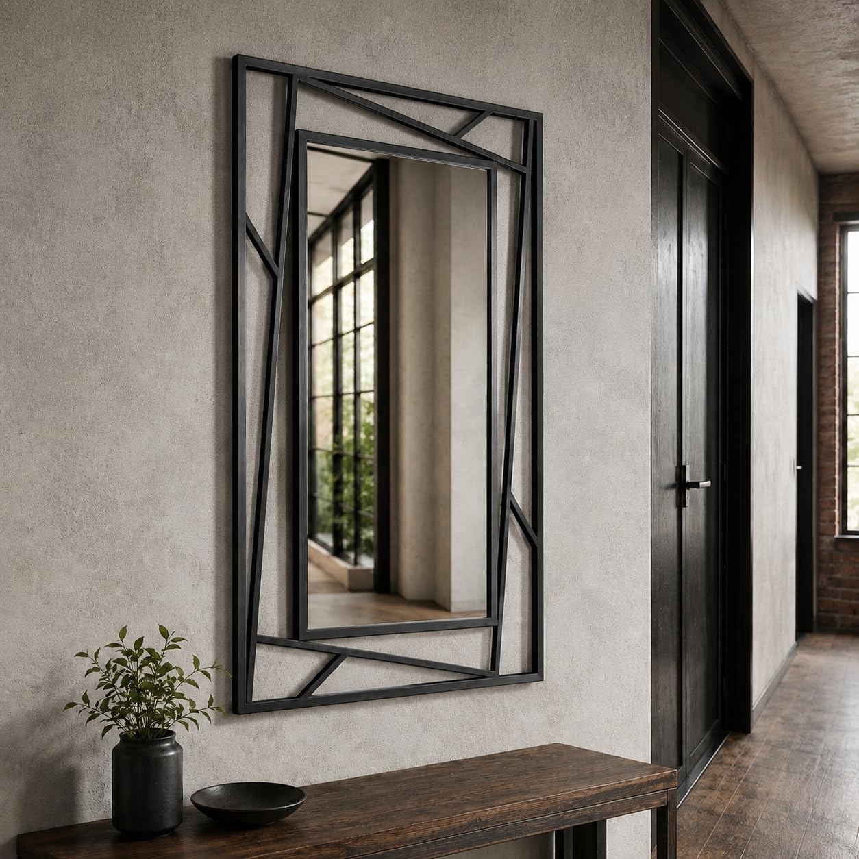 Black Geometric Wall Mirror, 36 x 24 Inch Decorative Metal Framed Bathroom Mirror for Living Room, Entryway and Bedroom, Horizontal or Vertical Mount