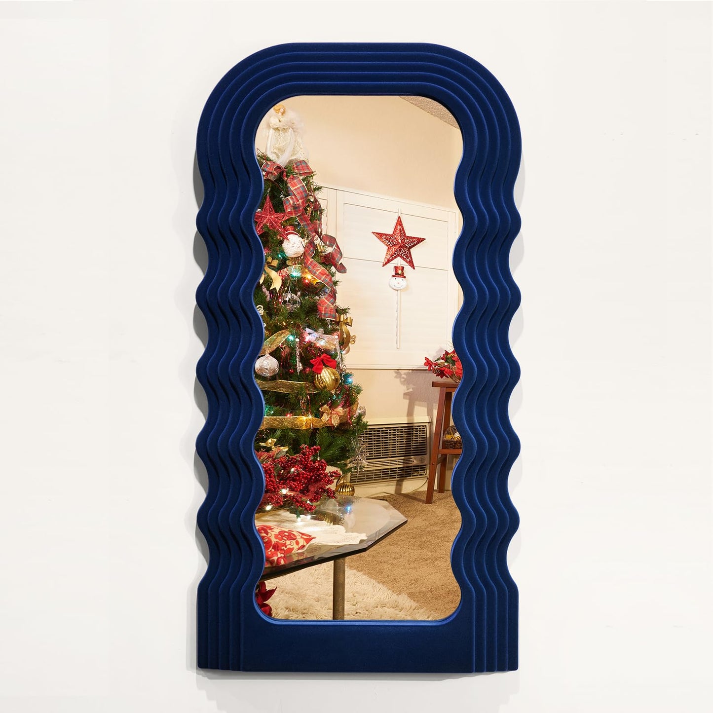 Irregular Wall Mirror Living Room Decor, Decorative Wavy Funky Mirrors with Flocking Touch, Modern Asymmetrical Mirror for Hallway Entryway Staircase Bathroom Bedroom (Dark Blue)