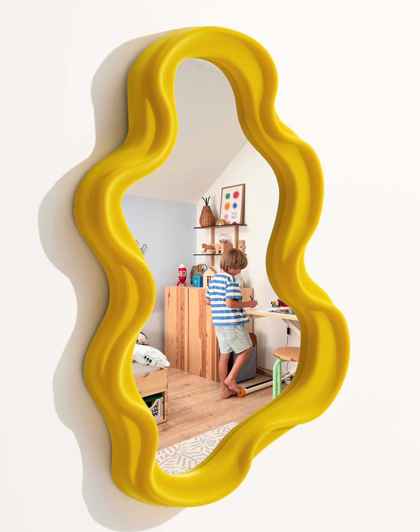 Irregular Wall Mirror Living Room Decor, Decorative Wavy Funky Mirrors with Flocking Touch, Modern Asymmetrical Mirror for Hallway Entryway Staircase Bathroom Bedroom (Dark Blue)