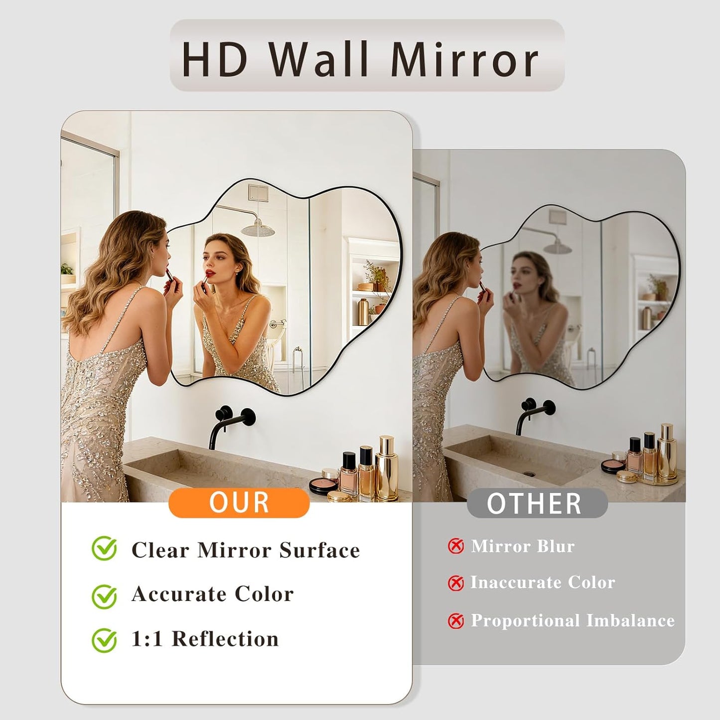 Irregular Wall Mirror, 24"x36" Wavy Cloud Bathroom Vanity Mirrors | Unique Asymmetrical Abstract Mirror with Tempered Glass for Bedroom, Living Room, Entryway, Hallway, Cloakroom