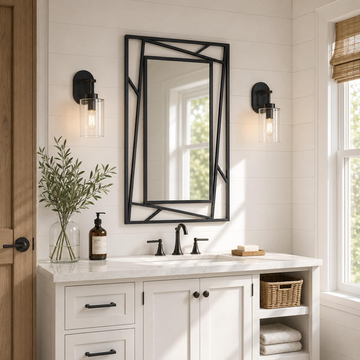 Black Geometric Wall Mirror, 36 x 24 Inch Decorative Metal Framed Bathroom Mirror for Living Room, Entryway and Bedroom, Horizontal or Vertical Mount