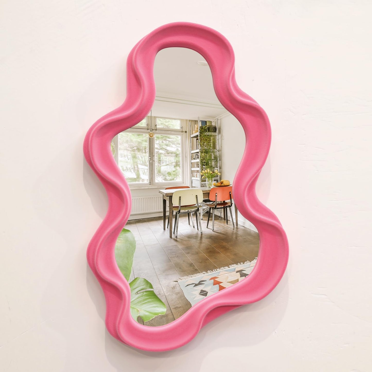 Irregular Wall Mirror Living Room Decor, Decorative Wavy Funky Mirrors with Flocking Touch, Modern Asymmetrical Mirror for Hallway Entryway Staircase Bathroom Bedroom (Dark Blue)