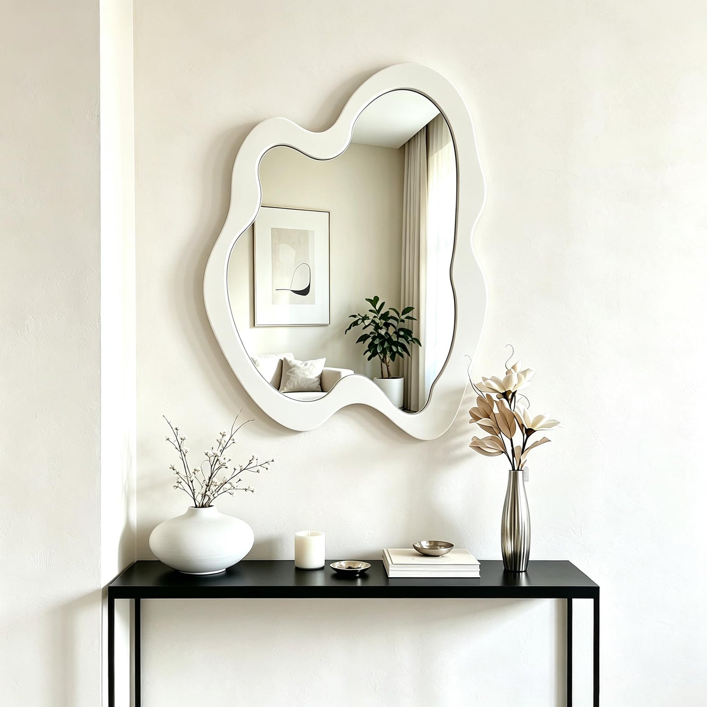 Irregular Wall Mirror - 20" x 28" Asymmetrical Wavy Mirror, Modern Decorative Wall Mirror with Black Wood Frame for Bedroom, Living Room, Entryway, Bathroom, Cloakroom