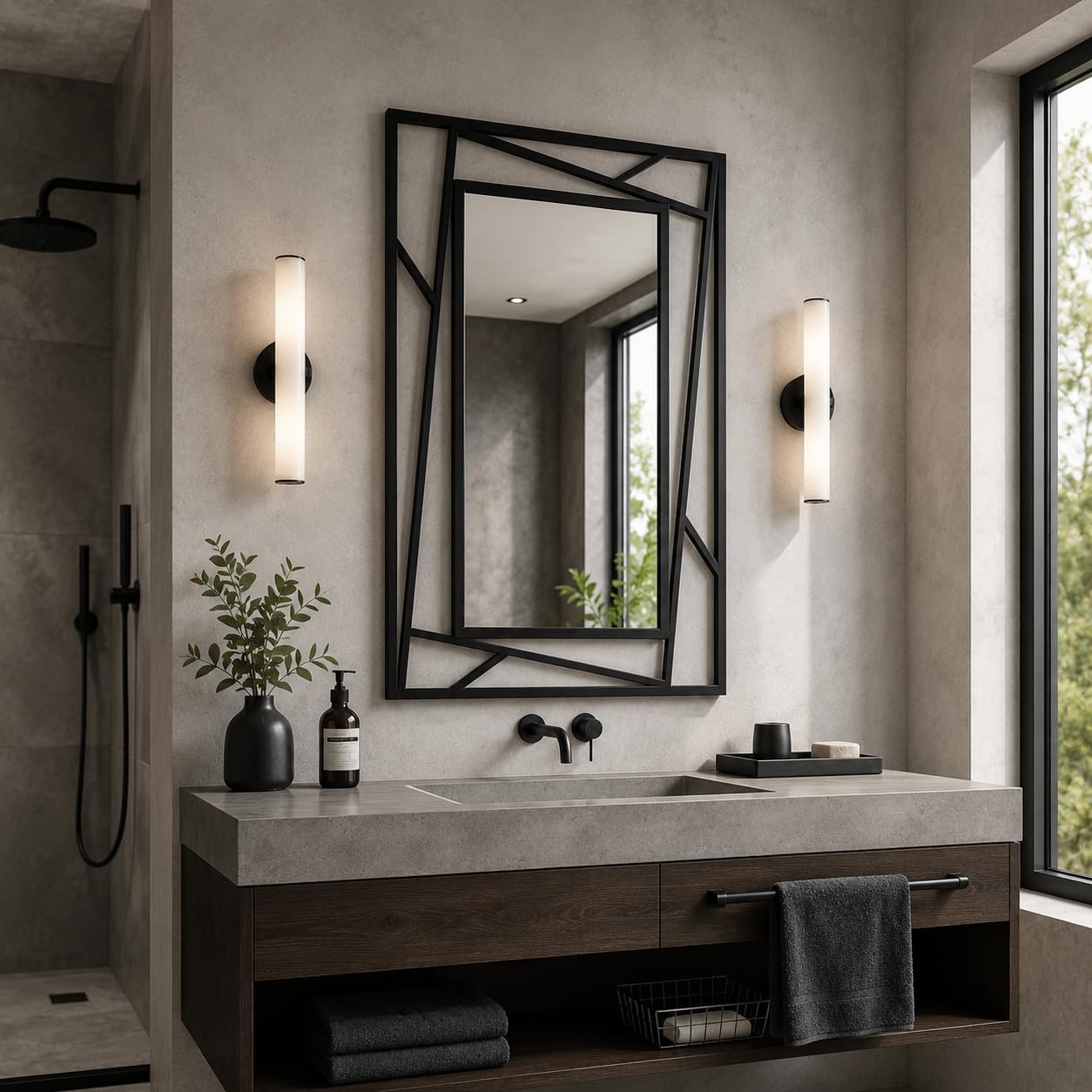 Black Geometric Wall Mirror, 36 x 24 Inch Decorative Metal Framed Bathroom Mirror for Living Room, Entryway and Bedroom, Horizontal or Vertical Mount