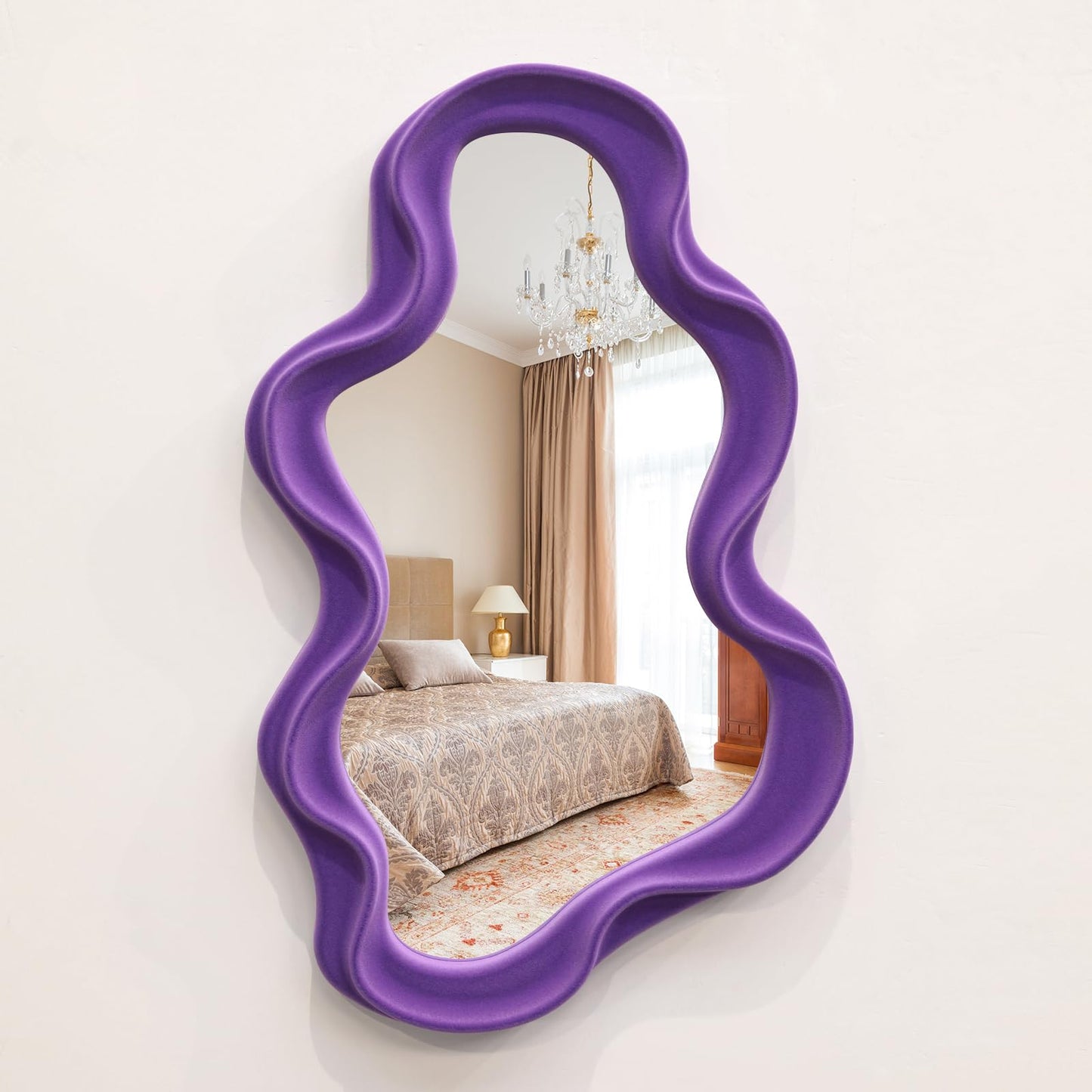 Irregular Wall Mirror Living Room Decor, Decorative Wavy Funky Mirrors with Flocking Touch, Modern Asymmetrical Mirror for Hallway Entryway Staircase Bathroom Bedroom (Dark Blue)