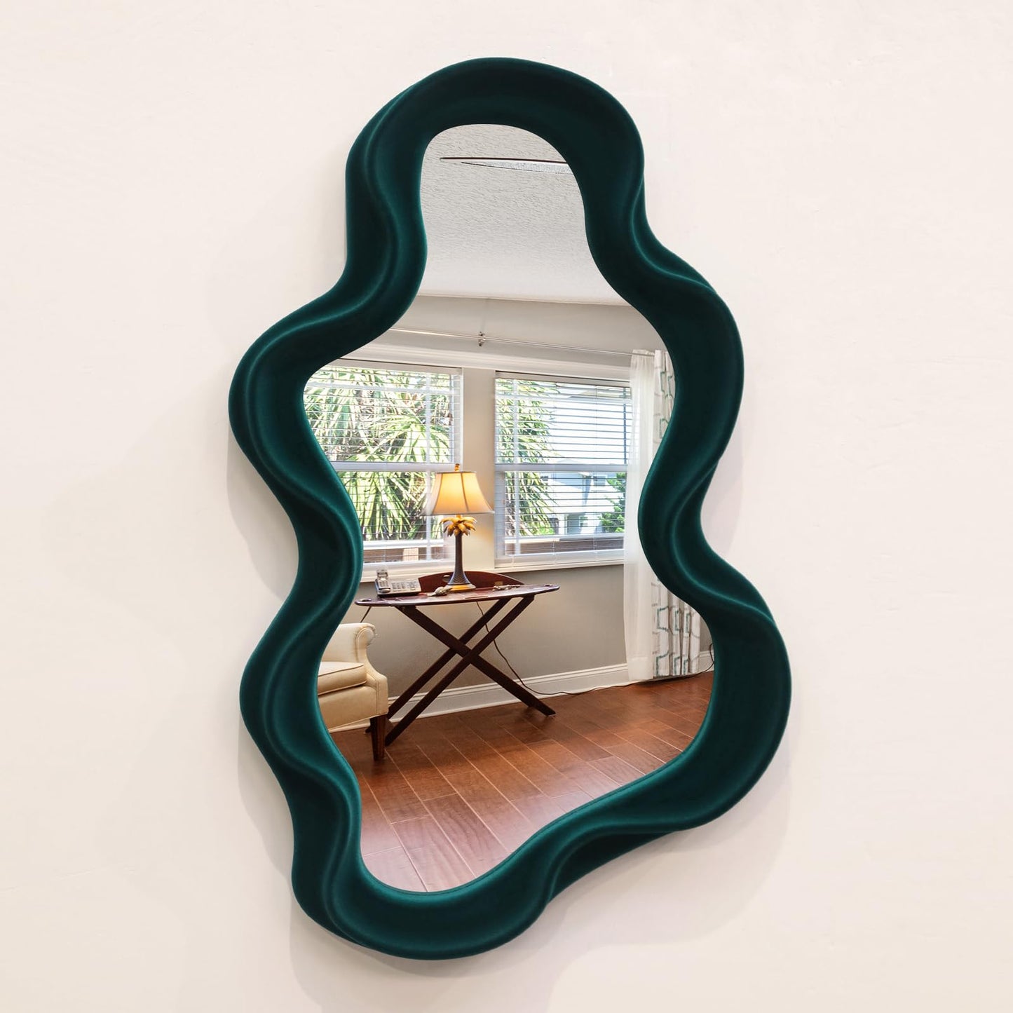 Irregular Wall Mirror Living Room Decor, Decorative Wavy Funky Mirrors with Flocking Touch, Modern Asymmetrical Mirror for Hallway Entryway Staircase Bathroom Bedroom (Dark Blue)
