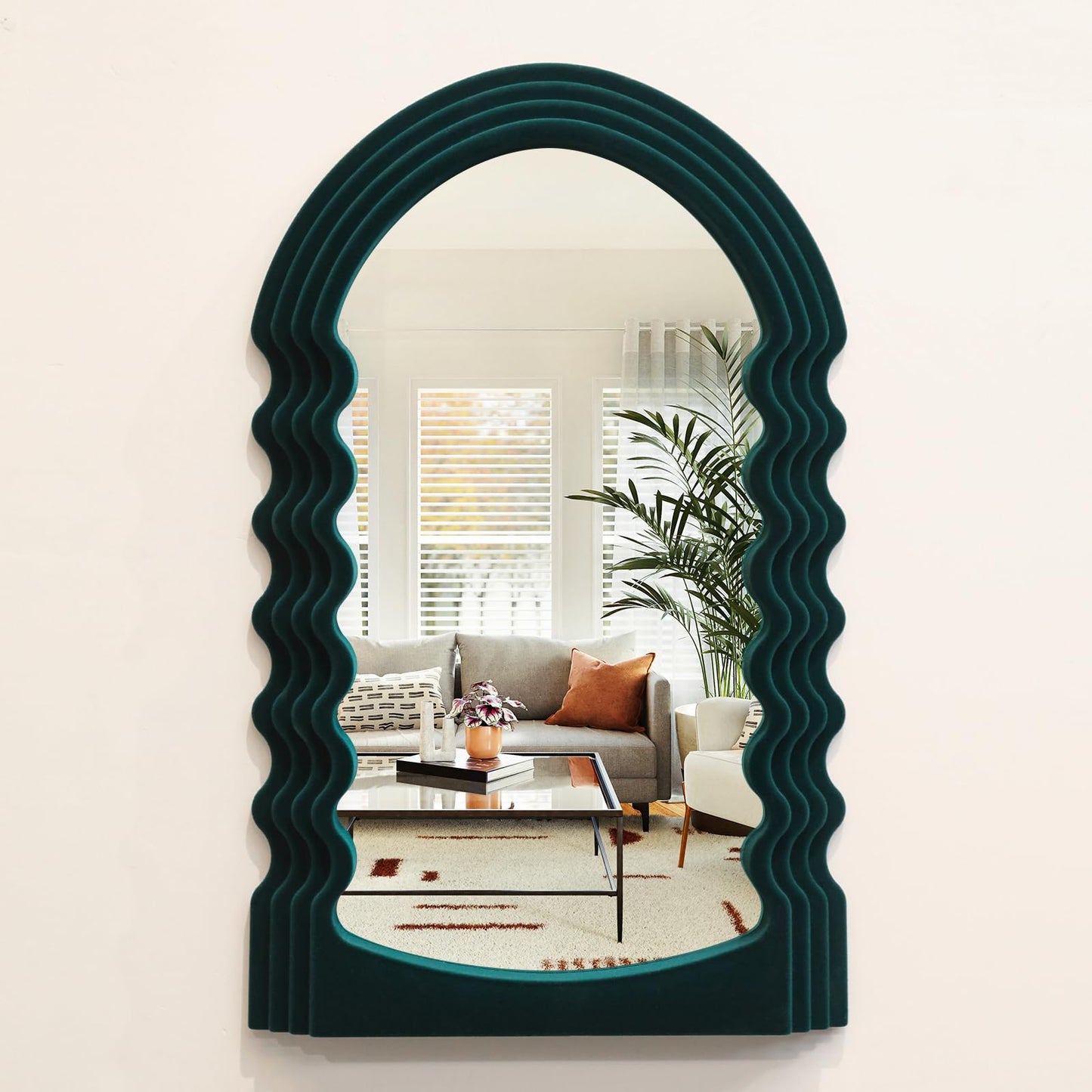Irregular Wall Mirror Living Room Decor, Decorative Wavy Funky Mirrors with Flocking Touch, Modern Asymmetrical Mirror for Hallway Entryway Staircase Bathroom Bedroom (Dark Blue)