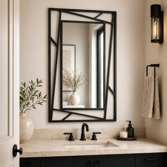 Black Geometric Wall Mirror, 36 x 24 Inch Decorative Metal Framed Bathroom Mirror for Living Room, Entryway and Bedroom, Horizontal or Vertical Mount