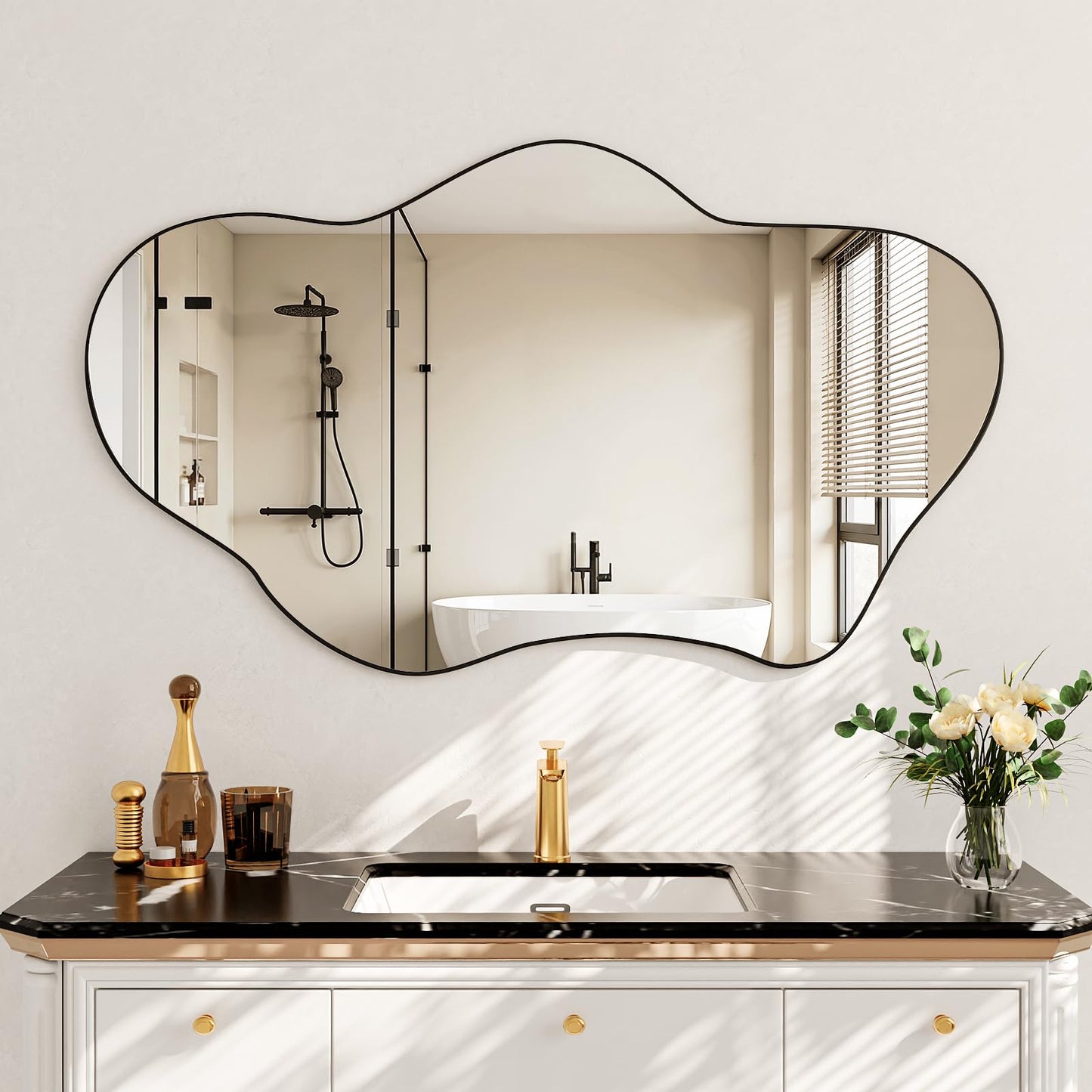 Irregular Wall Mirror, 24"x36" Wavy Cloud Bathroom Vanity Mirrors | Unique Asymmetrical Abstract Mirror with Tempered Glass for Bedroom, Living Room, Entryway, Hallway, Cloakroom