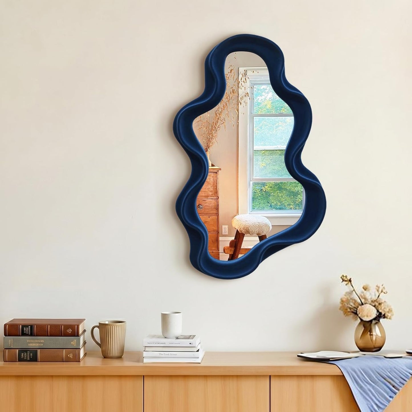 Irregular Wall Mirror Living Room Decor, Decorative Wavy Funky Mirrors with Flocking Touch, Modern Asymmetrical Mirror for Hallway Entryway Staircase Bathroom Bedroom (Dark Blue)