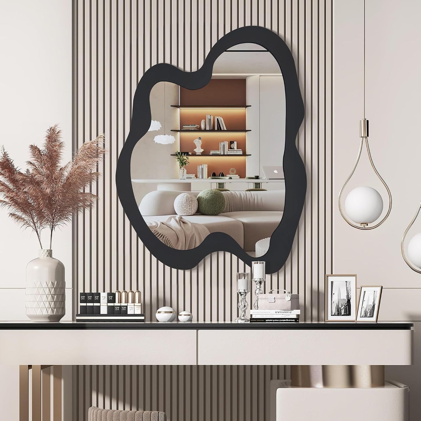 Irregular Wall Mirror - 20" x 28" Asymmetrical Wavy Mirror, Modern Decorative Wall Mirror with Black Wood Frame for Bedroom, Living Room, Entryway, Bathroom, Cloakroom