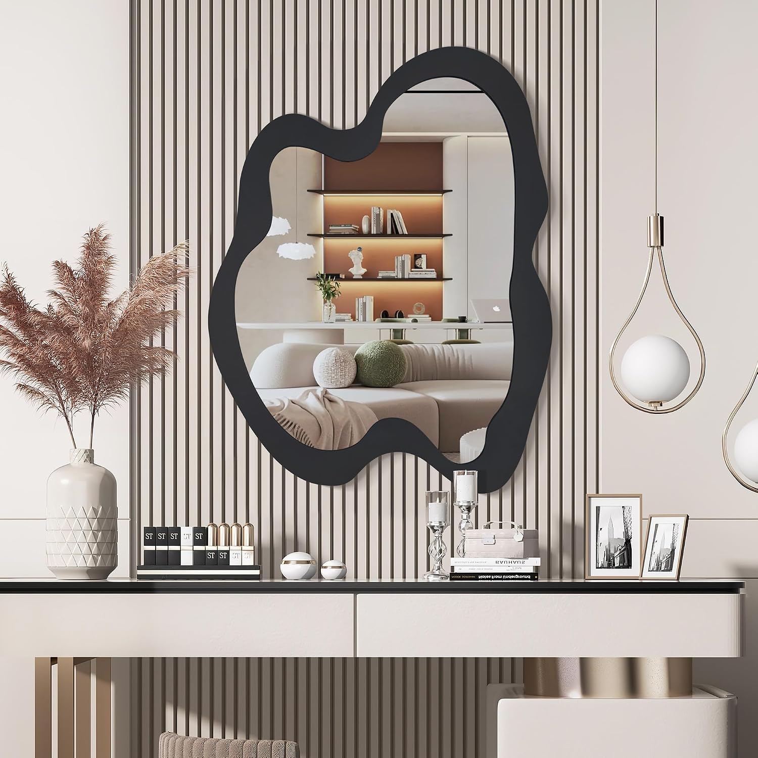 Irregular Wall Mirror - 20" x 28" Asymmetrical Wavy Mirror, Modern Decorative Wall Mirror with Black Wood Frame for Bedroom, Living Room, Entryway, Bathroom, Cloakroom
