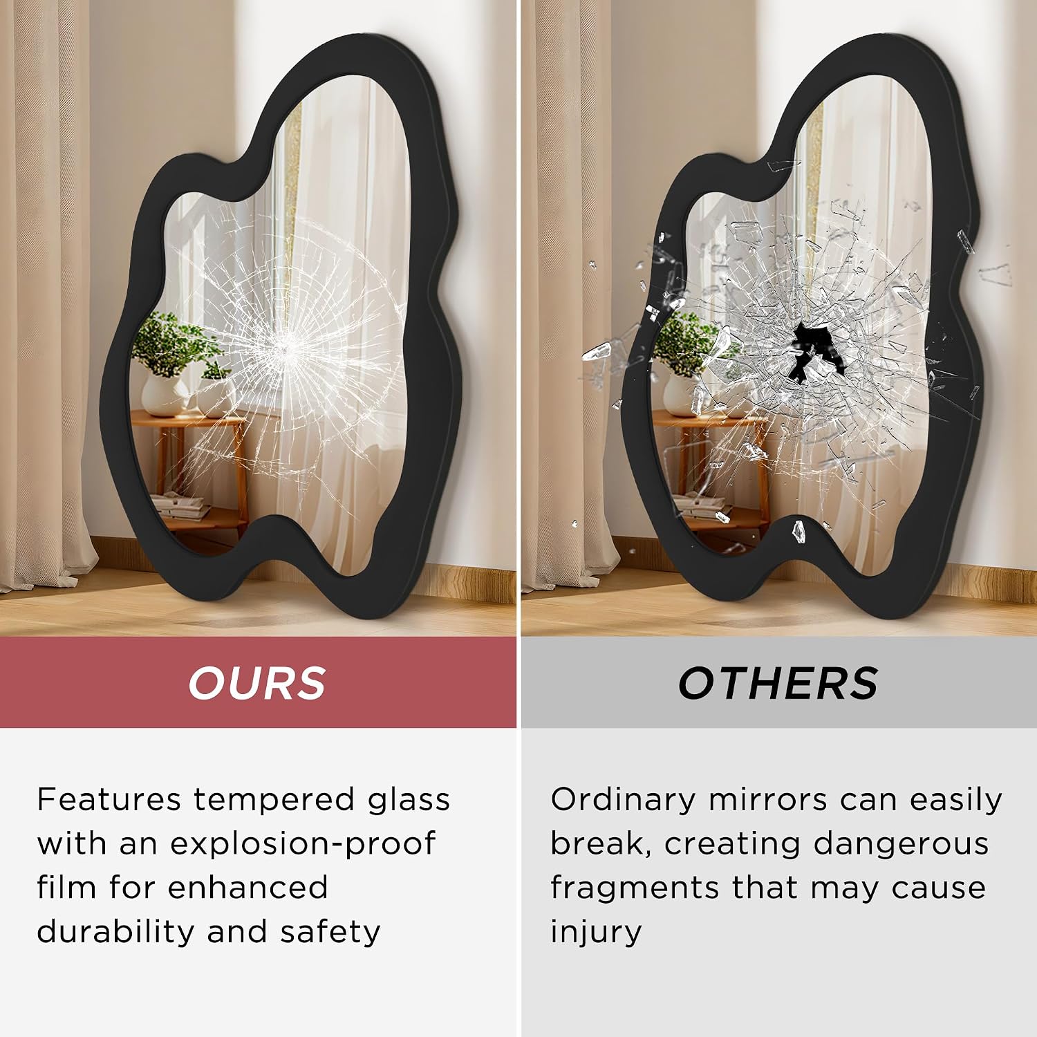 Irregular Wall Mirror - 20" x 28" Asymmetrical Wavy Mirror, Modern Decorative Wall Mirror with Black Wood Frame for Bedroom, Living Room, Entryway, Bathroom, Cloakroom